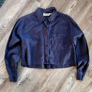 Club Classics Linen Crop Navy Blue Long Sleeve Button Up Shirt Womens 6 Vintage